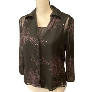 Sheer 100% Silk Beaded & Sequins Black Blouse Built In Cami Floral Size Small